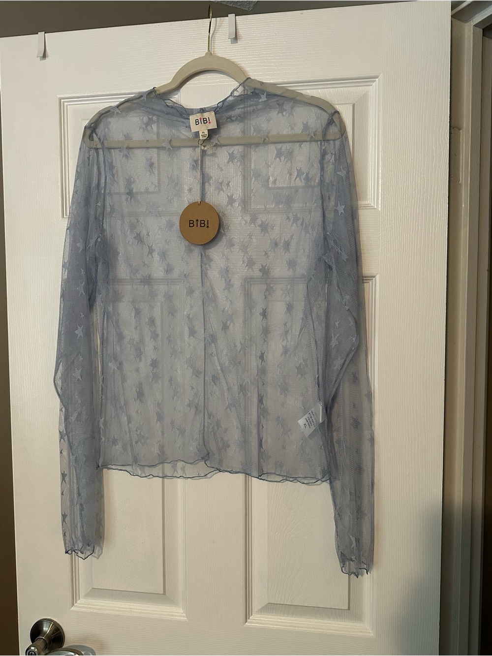 BiBi Light Blue Sheer Star Mesh Long Sleeve Blouse
